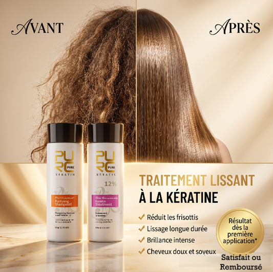 PURC Traitement Brésilien à la Kératine Professionnel Lissage, Soin Réparateur & Shampoing Purifiant