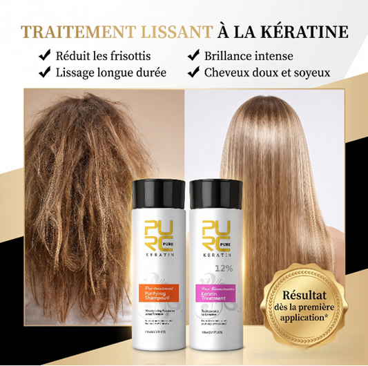 PURC Traitement Brésilien à la Kératine Professionnel Lissage, Soin Réparateur & Shampoing Purifiant