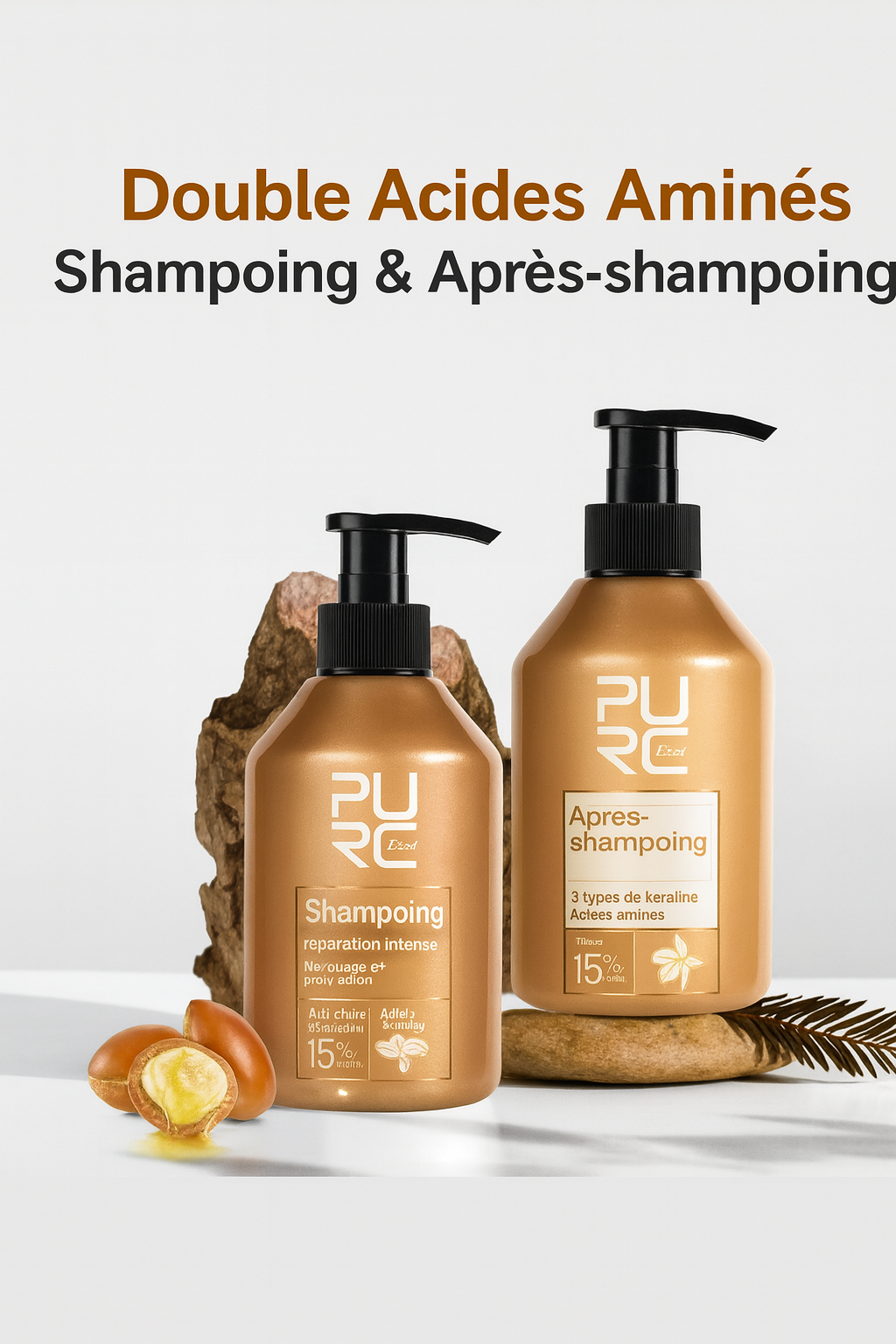 Pack de soin capillaire PURC Repair à l’huile d’argan du Maroc, idéal pour redonner brillance, douceur et vitalité aux cheveux