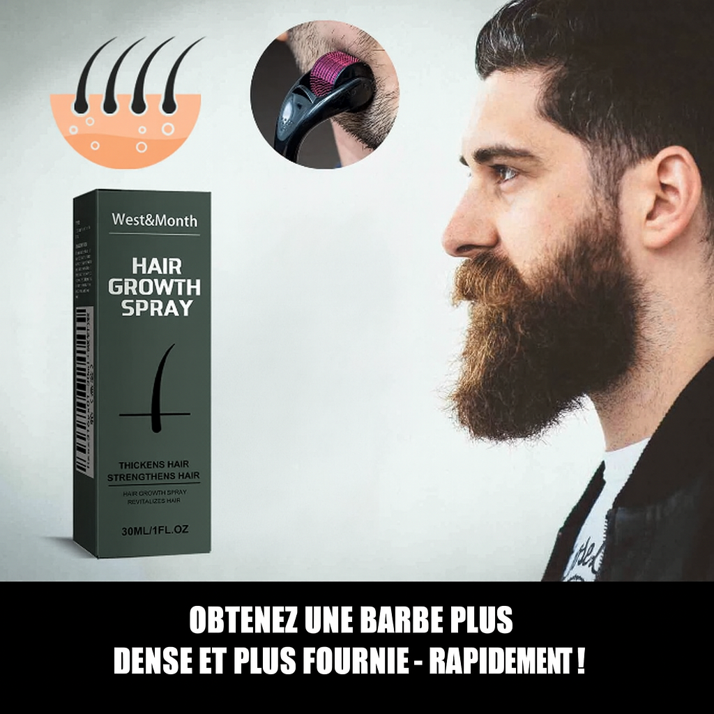 Présentation du spray de croissance pour la barbe West&Month accompagné d’un gros plan d’un homme à la barbe dense, illustrant les résultats rapides du soin