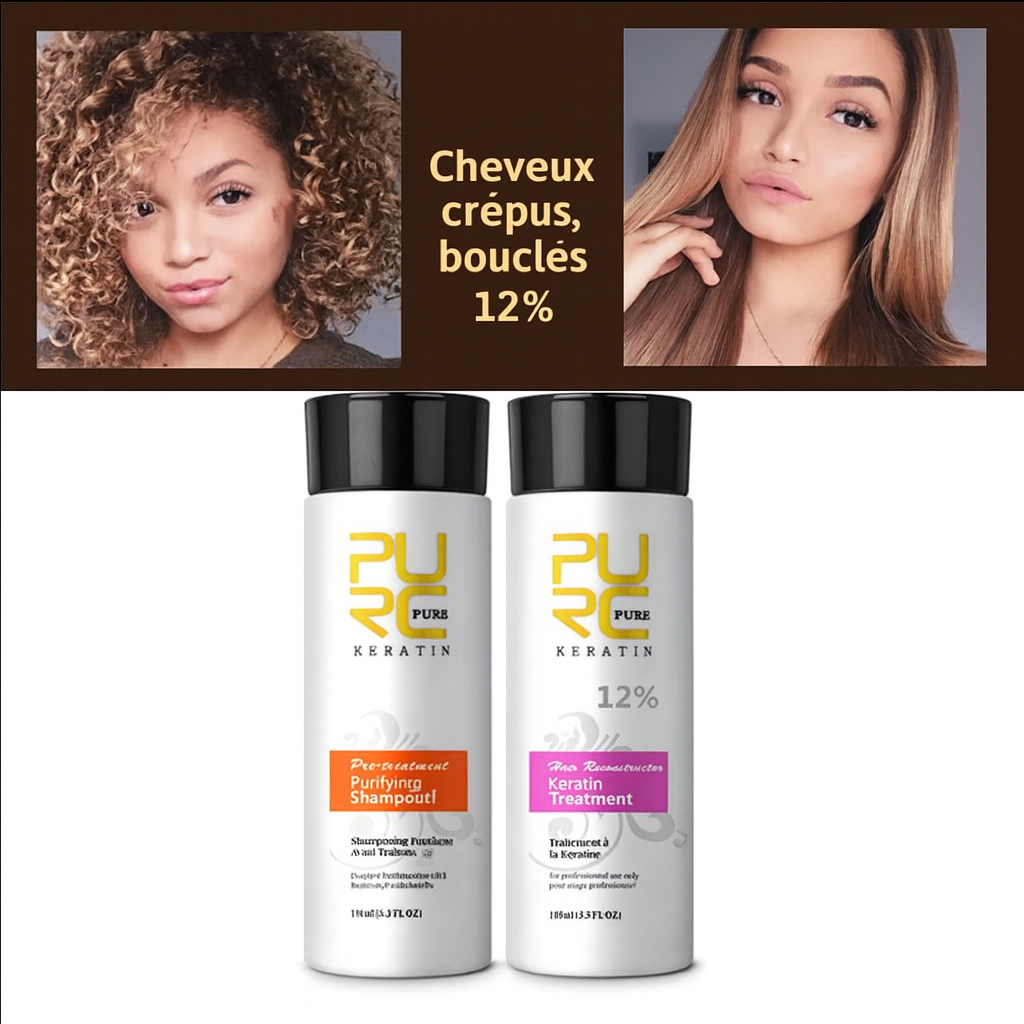 Kit traitement à la kératine PURE 12% pour cheveux crépus et bouclés, comprenant shampooing purifiant et soin reconstructeur, résultat cheveux lissés et brillants