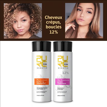 Kit traitement à la kératine PURE 12% pour cheveux crépus et bouclés, comprenant shampooing purifiant et soin reconstructeur, résultat cheveux lissés et brillants