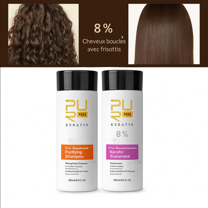 Avant et après d’un traitement à la kératine 8 % PURE pour cheveux bouclés avec frisottis, avec shampooing purifiant et soin lissant à la kératine