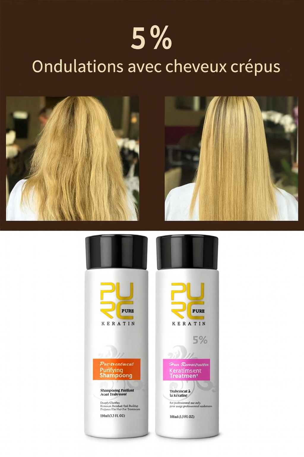 Avant et après d’un traitement à la kératine 5 % PURE pour cheveux ondulés et crépus, avec shampooing purifiant et soin lissant à la kératine