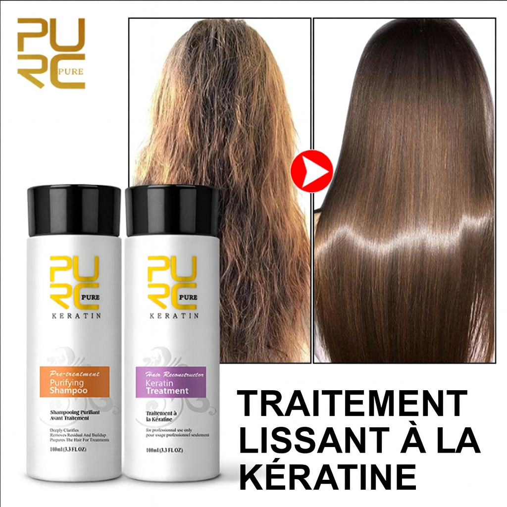 Avant et après d’un traitement lissant à la kératine PURE montrant des cheveux secs et frisés transformés en cheveux lisses, brillants et disciplinés, avec shampooing purifiant et soin kératine