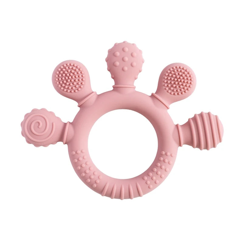 Anneau de dentition pour bébé en silicone alimentaire rose, textures variées pour le massage des gencives