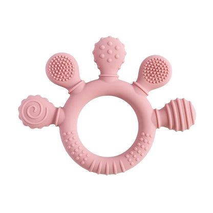 Anneau de dentition pour bébé en silicone alimentaire rose, textures variées pour le massage des gencives