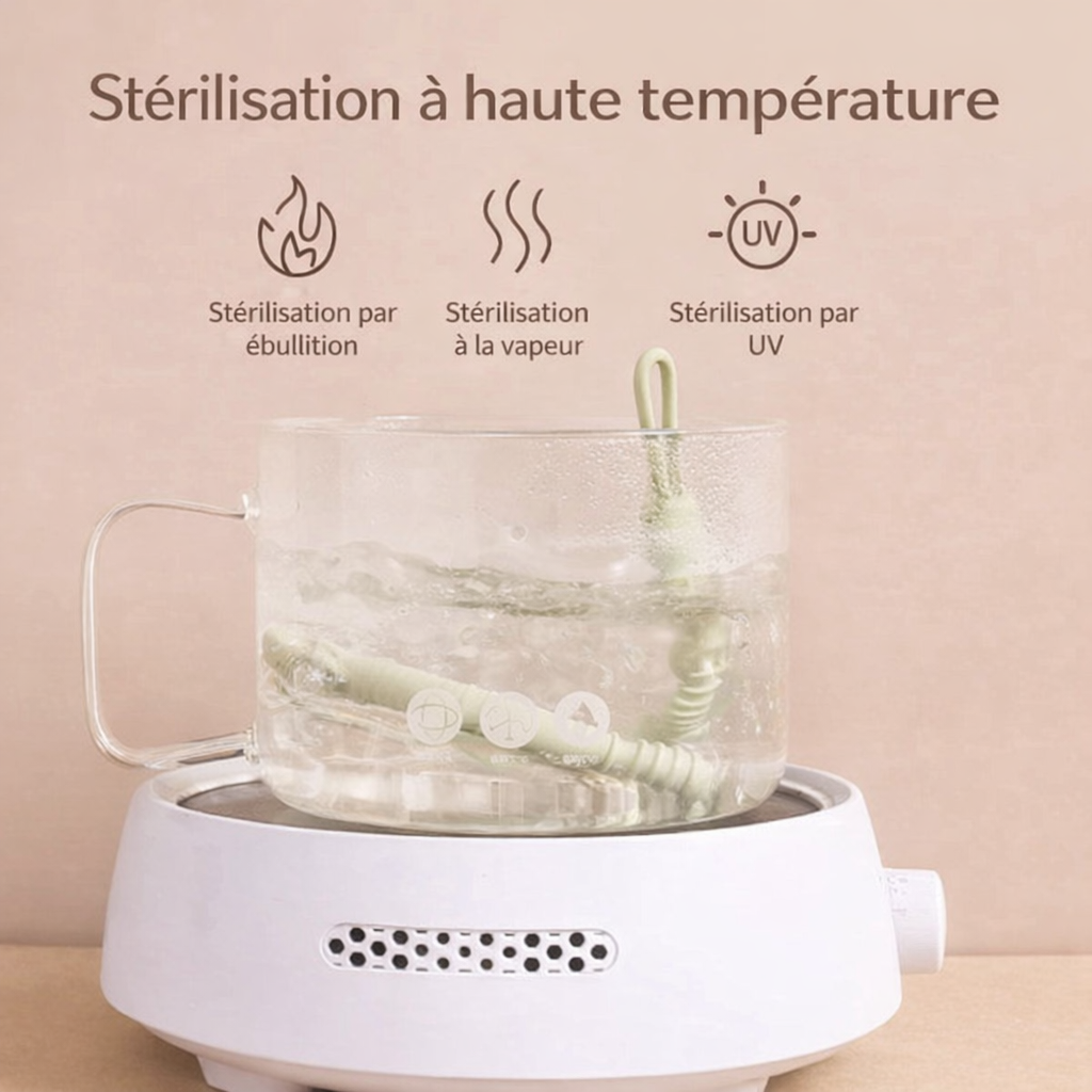 Anneau de dentition pour bébé en silicone alimentaire stérilisé à haute température par ébullition, vapeur ou UV