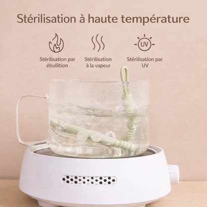 Anneau de dentition pour bébé en silicone alimentaire stérilisé à haute température par ébullition, vapeur ou UV