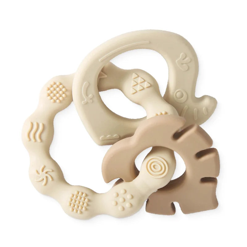 Anneaux de dentition pour bébé en silicone alimentaire beige naturel, formes animales texturées pour le massage des gencives