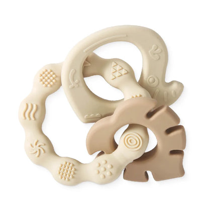 Anneaux de dentition pour bébé en silicone alimentaire beige naturel, formes animales texturées pour le massage des gencives
