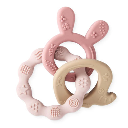 Anneaux de dentition pour bébé en silicone alimentaire rose et beige, formes animales texturées pour le massage des gencives