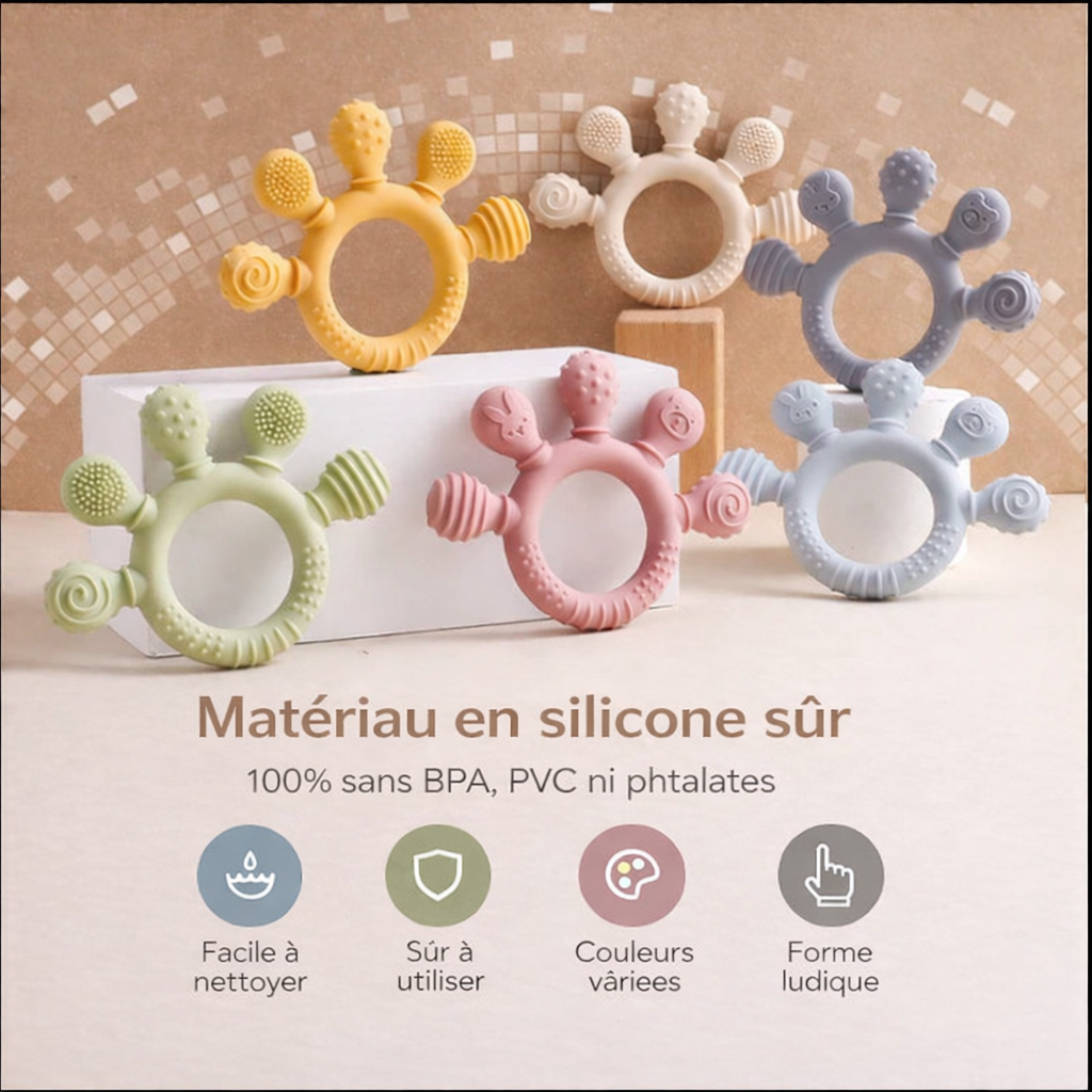 Anneaux de dentition pour bébé en silicone alimentaire sans BPA, couleurs pastel variées, formes ludiques et textures de massage