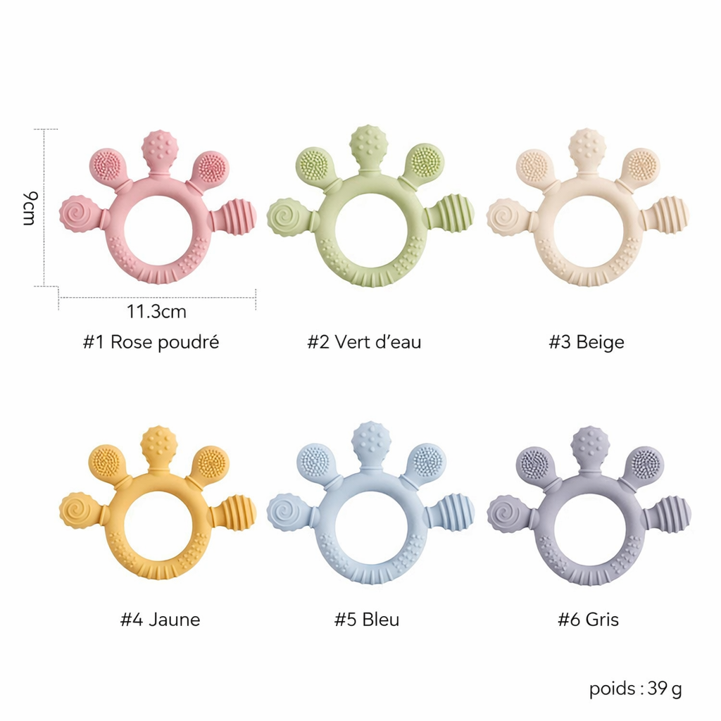 Anneaux de dentition pour bébé en silicone alimentaire, dimensions 11,3 cm, six couleurs disponibles (rose poudré, vert d’eau, beige, jaune, bleu et gris), poids 39 g