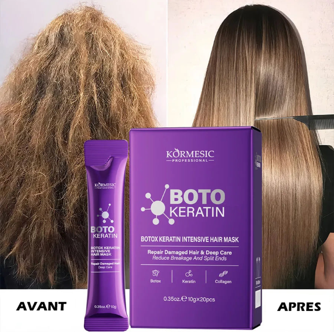 Résultat avant après du masque capillaire Botox Keratin Kormesic, cheveux frisés et abîmés transformés en cheveux lisses, brillants et réparés.