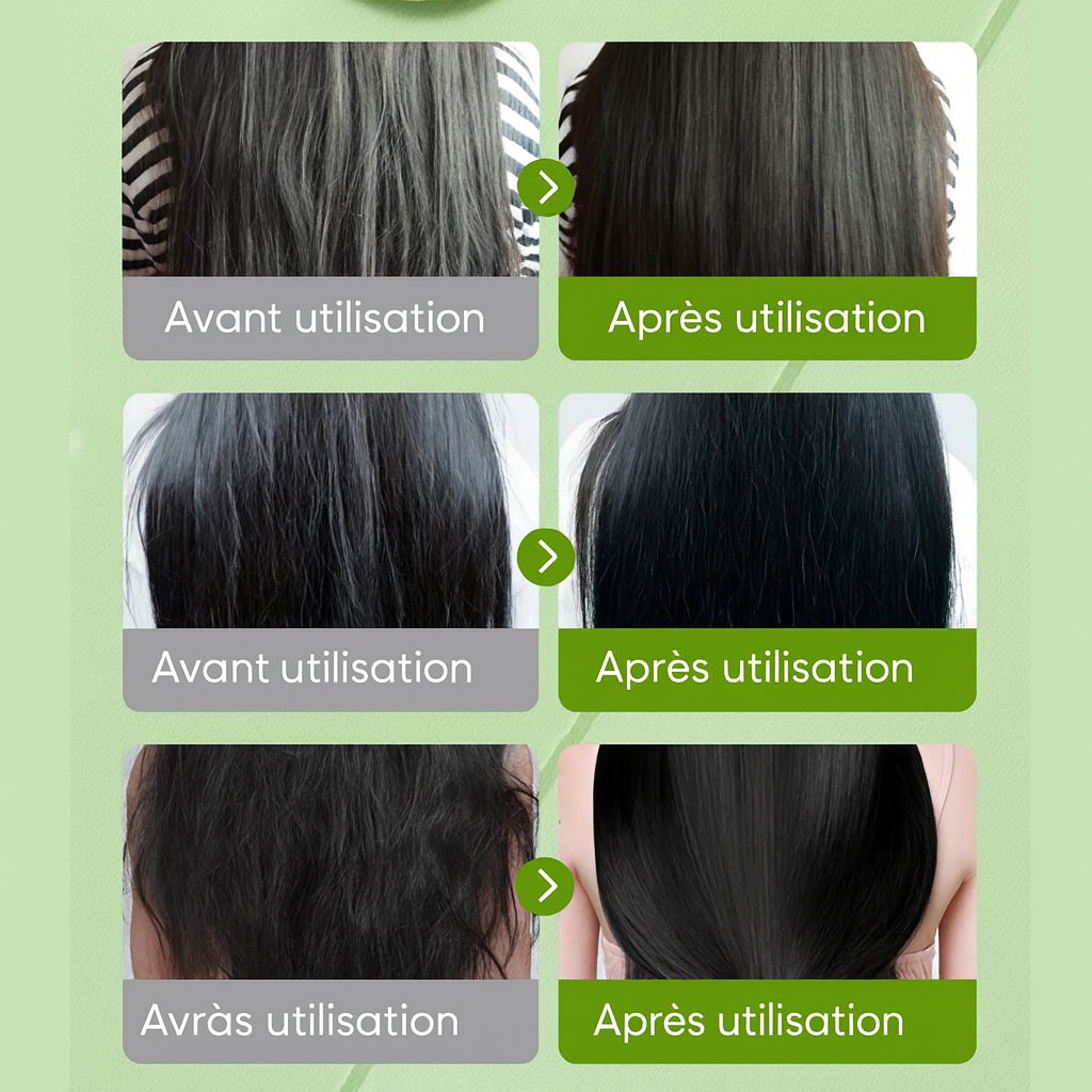 Comparatif avant et après utilisation du masque capillaire à l’Aloe Vera, montrant des cheveux secs et emmêlés devenant lisses, brillants et réparés après application