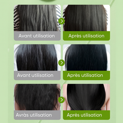 Comparatif avant et après utilisation du masque capillaire à l’Aloe Vera, montrant des cheveux secs et emmêlés devenant lisses, brillants et réparés après application