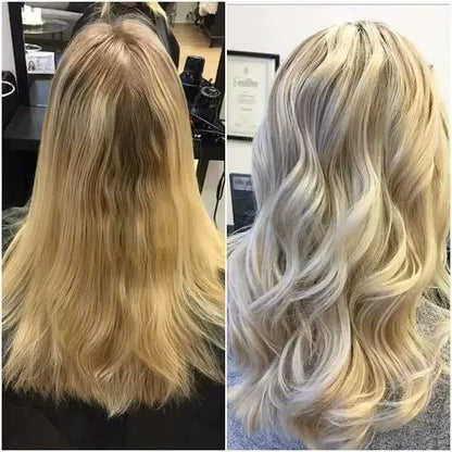 Avant et après utilisation d’un shampooing violet sur cheveux blonds, résultat blond froid sans reflets jaunes