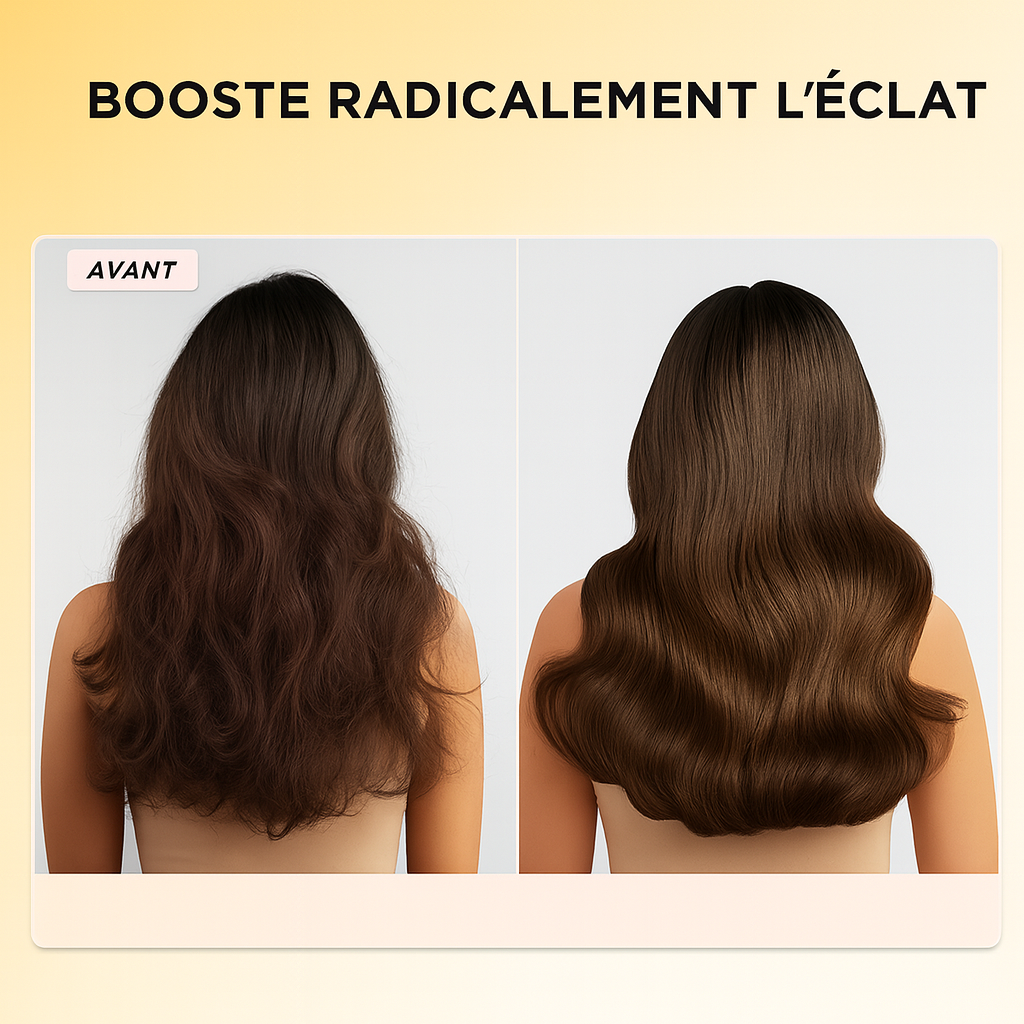 Comparaison avant/après montrant l’amélioration de la brillance et de la douceur des cheveux après utilisation d’un soin capillaire