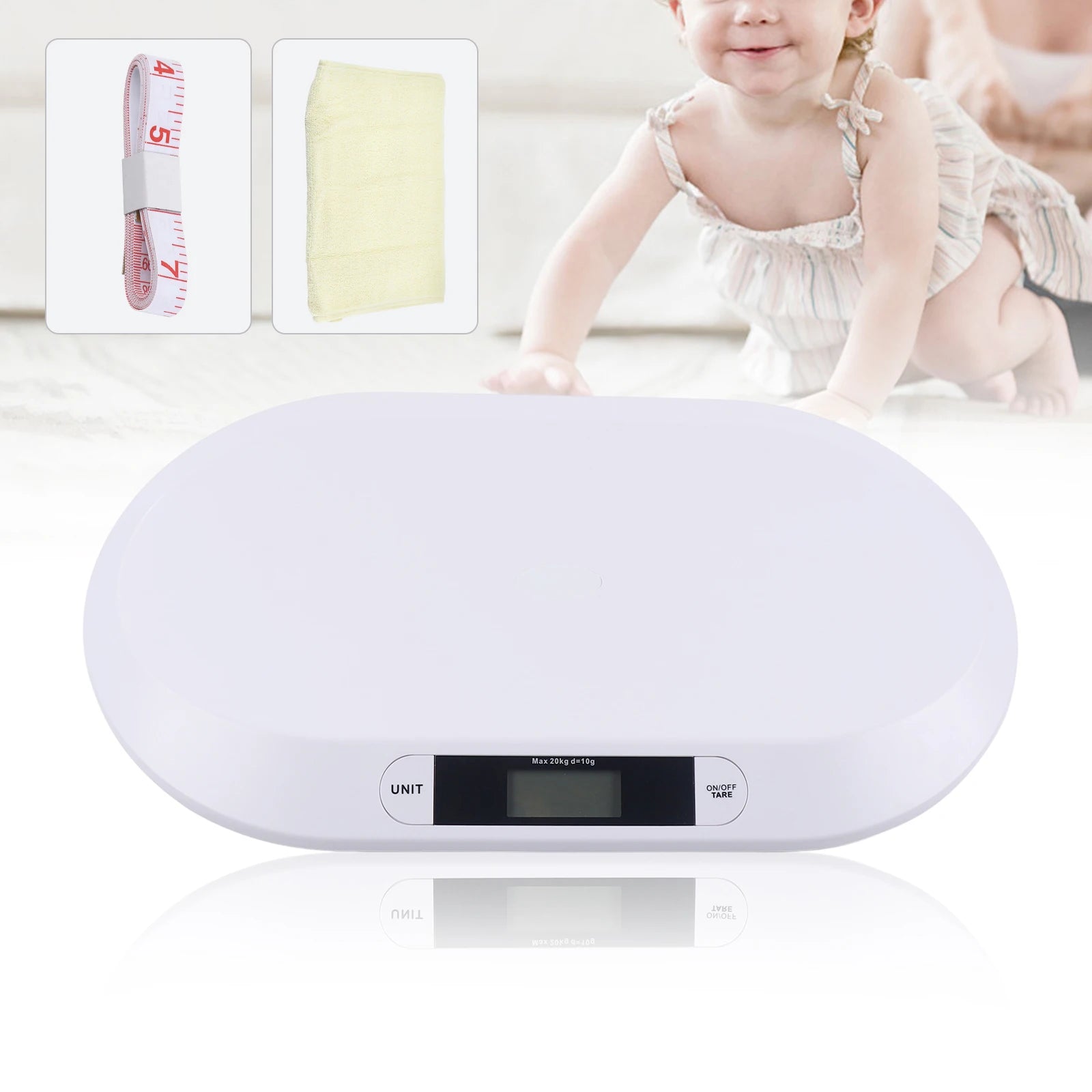 Balance électronique pour bébé avec plateau large, accessoires inclus, présentée avec un nourrisson à proximité