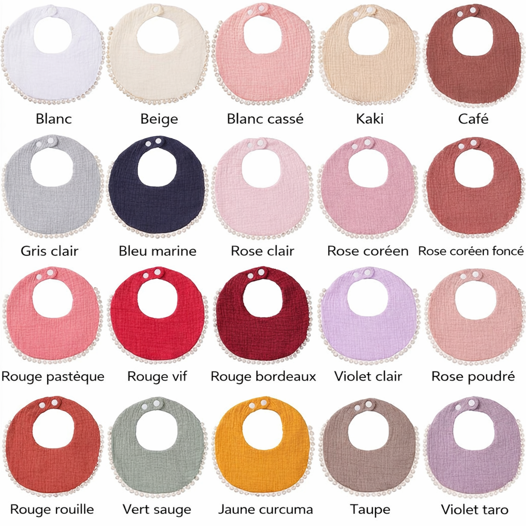 Nuancier de bavoirs bébé en coton mousseline présentant toutes les couleurs disponibles, avec bordure pompons et boutons-pression