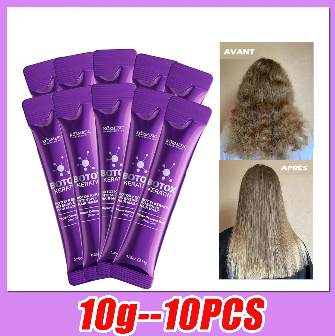Masque capillaire Botox Keratin Kormesic lot 10x10g, soin lissant et réparateur à la kératine avec résultat avant après sur cheveux abîmés et indisciplinés.