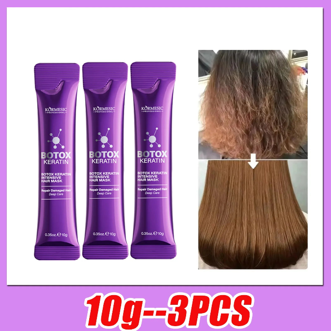Masque capillaire Botox Keratin Kormesic lot 3x10g, soin lissant et réparateur à la kératine avec résultat avant après sur cheveux abîmés.