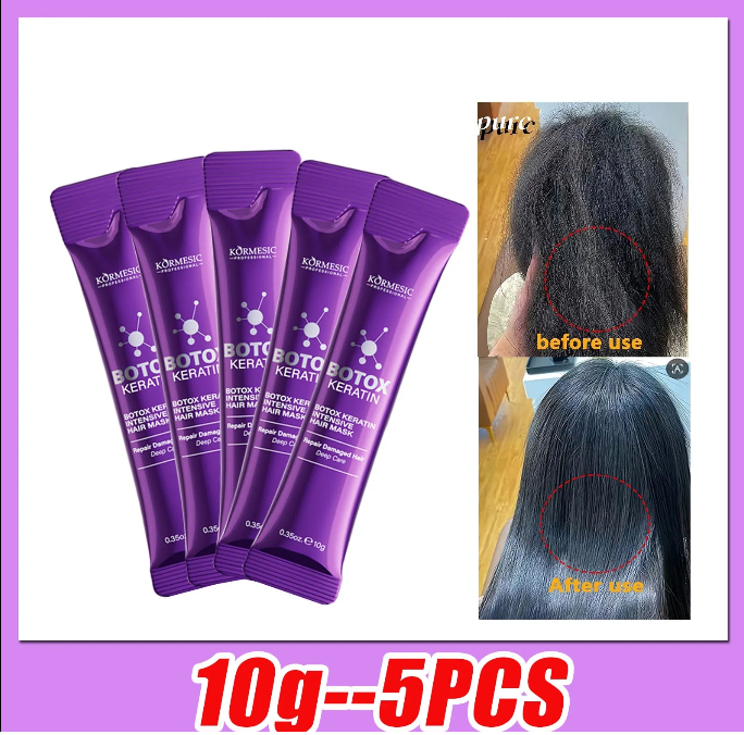 Masque capillaire Botox Keratin Kormesic lot 5x10g, soin lissant et réparateur à la kératine avec résultat avant après sur cheveux secs et abîmés.