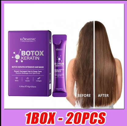 Masque capillaire Botox Keratin Kormesic boîte 20 pièces, soin lissant et réparateur à la kératine avec résultat avant après sur cheveux abîmés et ternes.