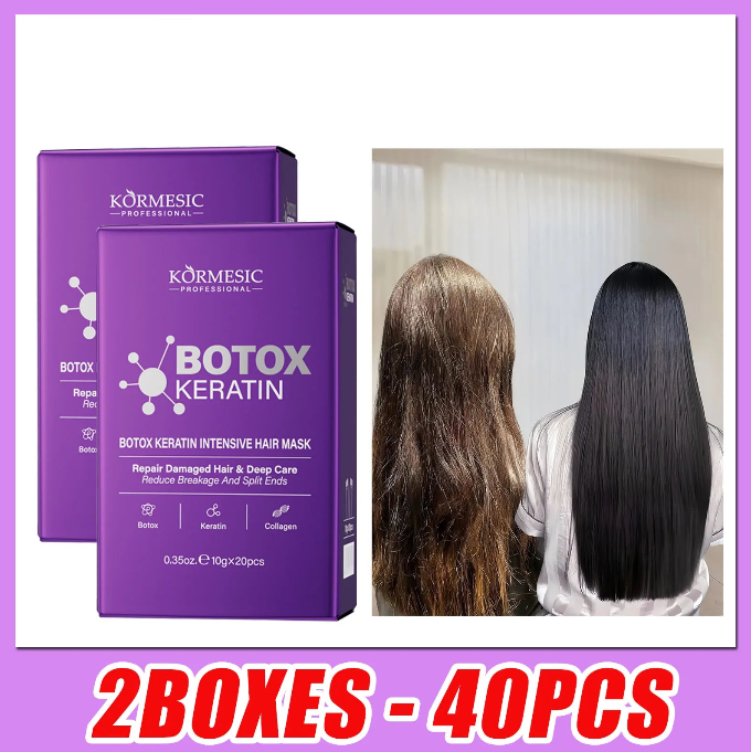 Masque capillaire Botox Keratin Kormesic lot 2 boîtes 40 pièces, soin lissant et réparateur à la kératine avec résultat avant après sur cheveux abîmés.