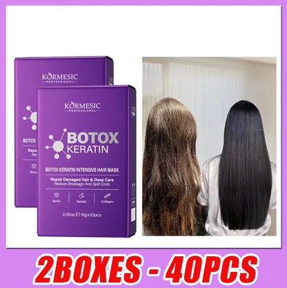Masque capillaire Botox Keratin Kormesic lot 2 boîtes 40 pièces, soin lissant et réparateur à la kératine avec résultat avant après sur cheveux abîmés.