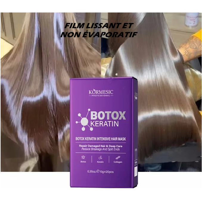 Masque capillaire Botox Keratin Kormesic effet lissant intense, réparation des cheveux abîmés, brillance et soin profond à la kératine.