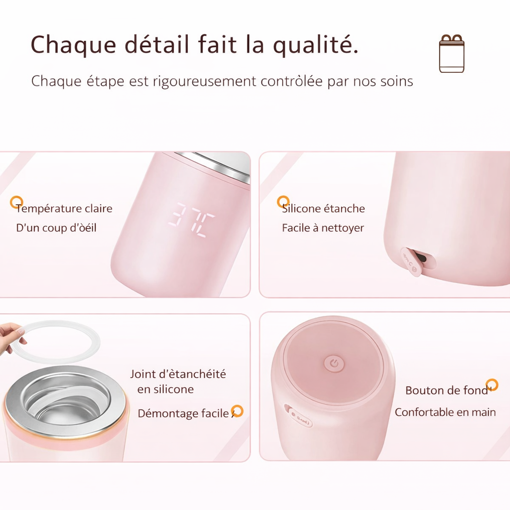 Détails du chauffe-biberon portable XIMYRA N1S montrant écran LED, silicone étanche et bouton ergonomique