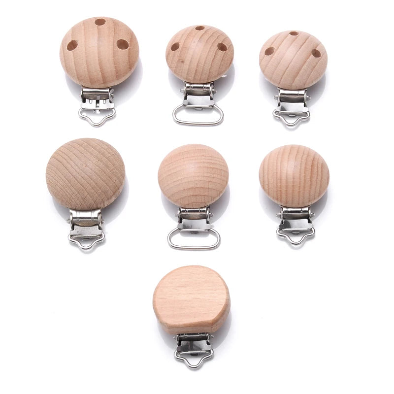 Différents modèles de clips attache-tétine bébé en bois de hêtre naturel avec pince en métal, accessoires DIY pour chaîne de tétine et dentition