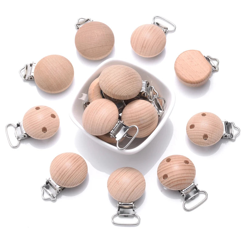 Lot de clips attache-tétine pour bébé en bois de hêtre naturel avec pince en métal, accessoires DIY pour chaîne de tétine et anneau de dentition