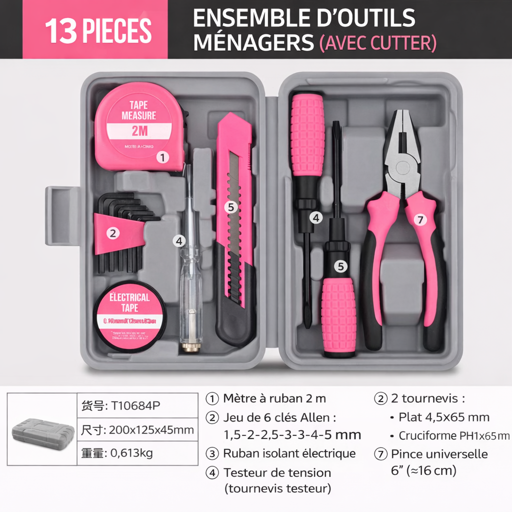 Coffret d’outils maison 13 pièces rose avec cutter comprenant marteau, pinces, mètre ruban 2 m, clés Allen, tournevis et testeur électrique dans mallette rigide.