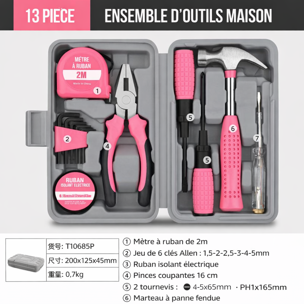 Coffret d’outils maison 13 pièces rose comprenant marteau, pinces, mètre ruban 2 m, clés Allen, tournevis et ruban isolant dans mallette rigide.