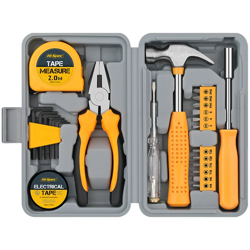 Coffret d’outils 24 pièces jaune Hi-Spec pour maison comprenant marteau, pinces, tournevis, embouts, mètre ruban 2 m et clés Allen dans mallette rigide.