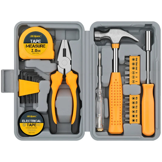 Coffret d’outils 24 pièces jaune Hi-Spec pour maison comprenant marteau, pinces, tournevis, embouts, mètre ruban 2 m et clés Allen dans mallette rigide.