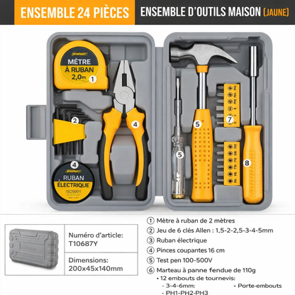 Coffret d’outils maison 24 pièces jaune avec marteau, pinces, mètre ruban 2 m, clés Allen, testeur électrique, embouts de tournevis et mallette rigide.