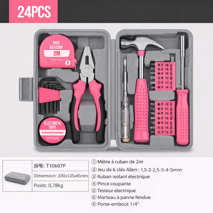 Coffret d’outils maison 24 pièces rose avec marteau, pinces, mètre ruban 2 m, clés Allen, embouts tournevis, testeur électrique et mallette rigide.