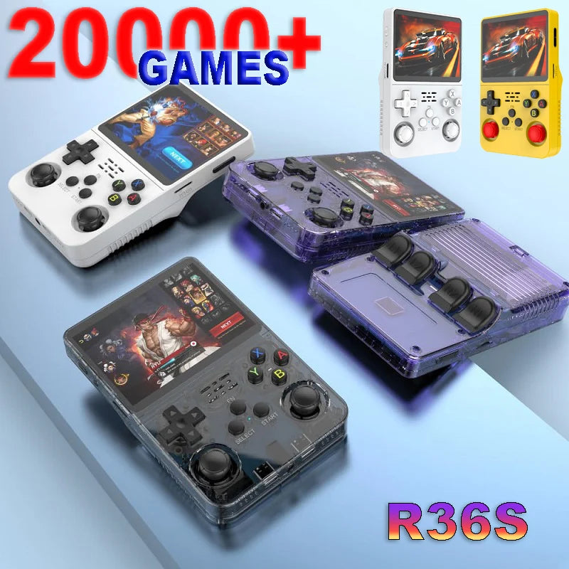 Console rétro portable R36S avec plus de 20 000 jeux intégrés, présentée en plusieurs couleurs avec écran IPS 3,5 pouces et système ArkOS