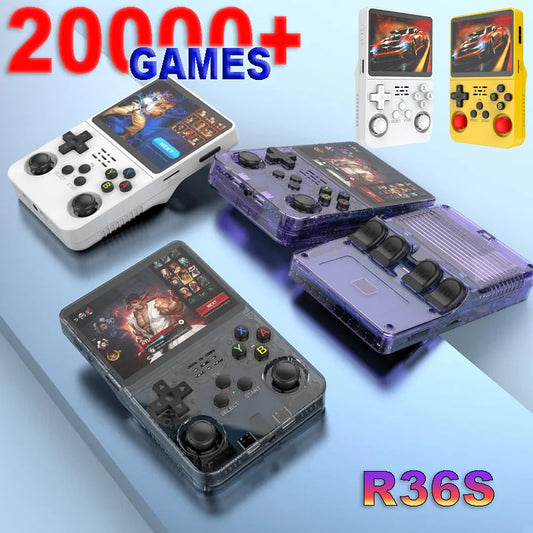 Console rétro portable R36S avec plus de 20 000 jeux intégrés, présentée en plusieurs couleurs avec écran IPS 3,5 pouces et système ArkOS