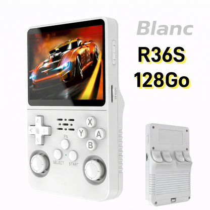 Console rétro portable R36S blanche 128 Go avec écran IPS 3,5 pouces, présentée de face et de dos