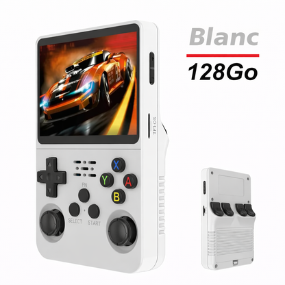 Console rétro portable R36S blanche avec 128 Go de stockage, écran IPS 3,5 pouces, présentée de face et de dos