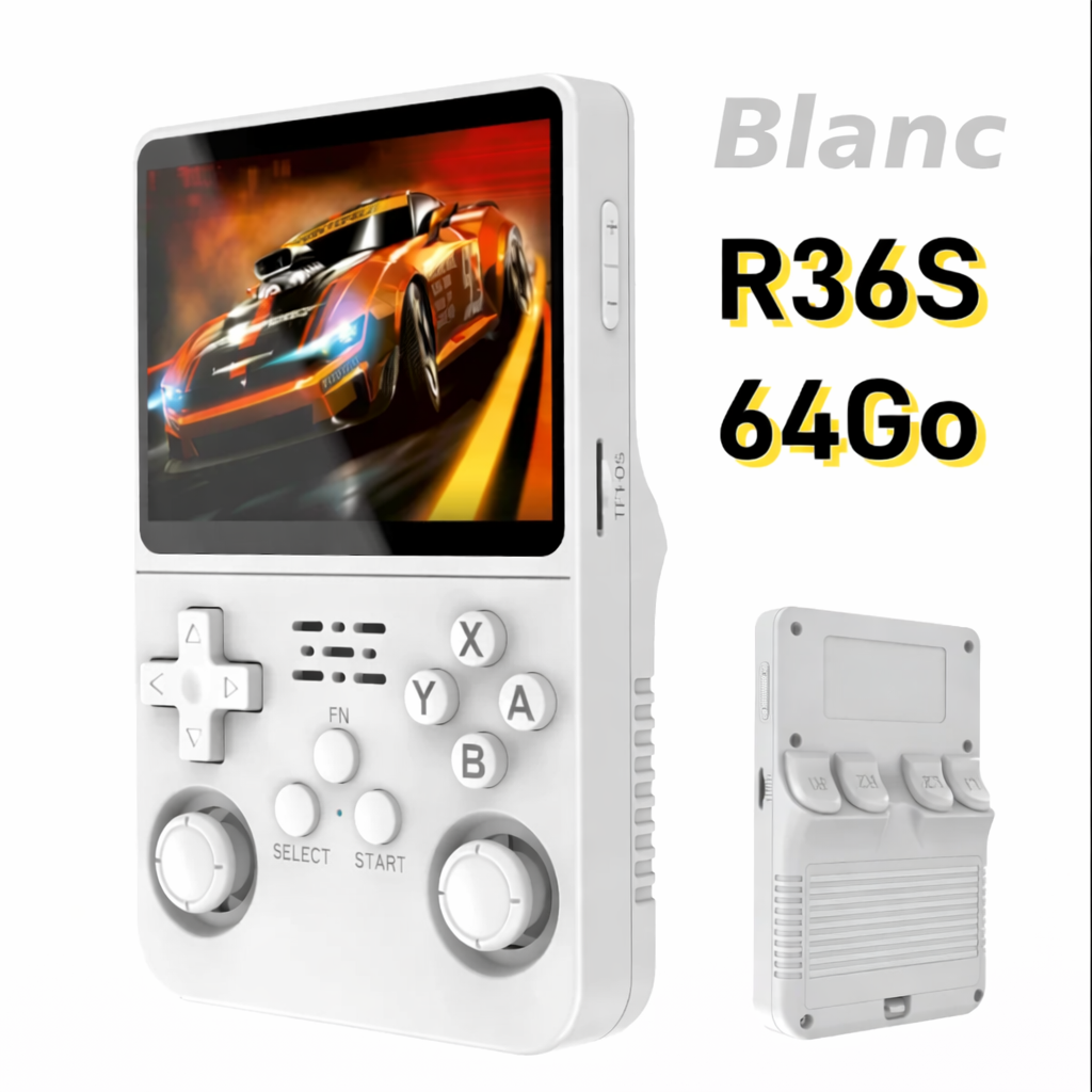 Console rétro portable R36S blanche 64 Go avec écran IPS 3,5 pouces, présentée de face et de dos