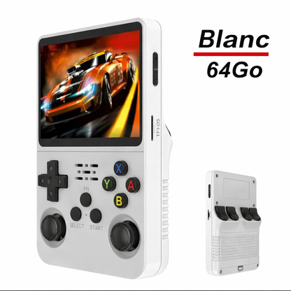 Console rétro portable R36S blanche avec 64 Go de stockage, écran IPS 3,5 pouces, présentée de face et de dos