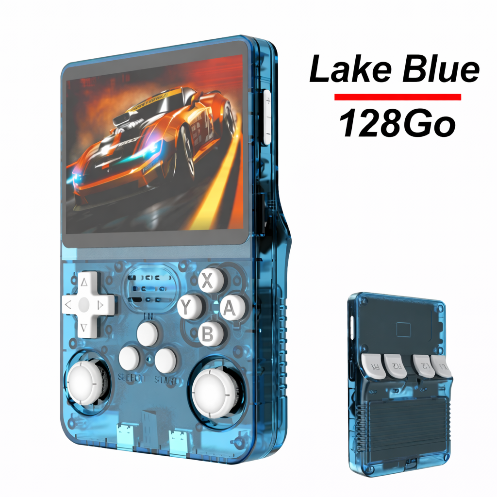Console rétro portable R36S bleu lac avec 128 Go de stockage, écran IPS 3,5 pouces, présentée de face et de dos