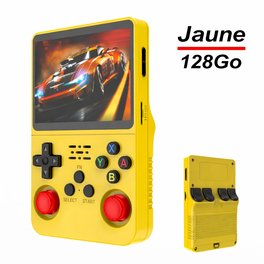 Console rétro portable R36S jaune avec 128 Go de stockage, écran IPS 3,5 pouces, présentée de face et de dos