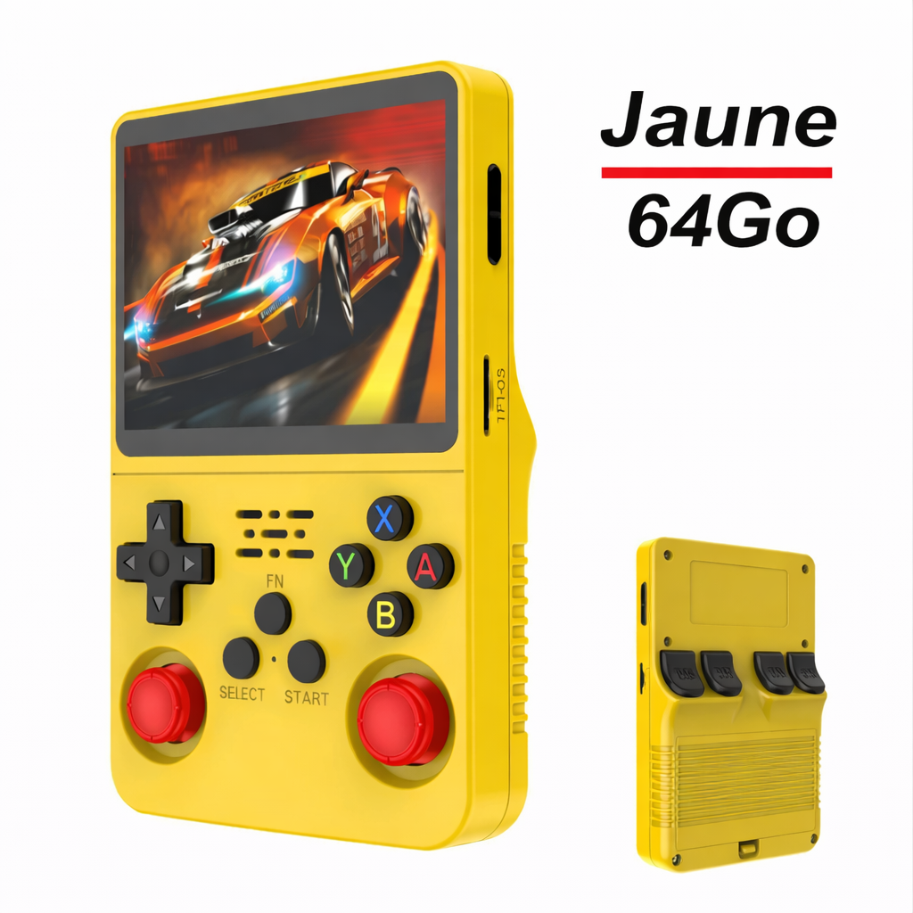 Console rétro portable R36S jaune avec 64 Go de stockage, écran IPS 3,5 pouces, présentée de face et de dos